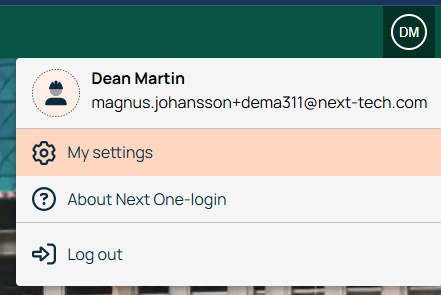 User account dropdown menu with settings and logout