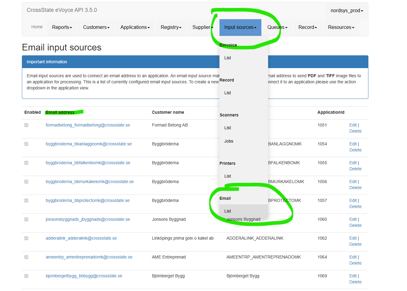 Email input sources lista med Input sources-meny öppen