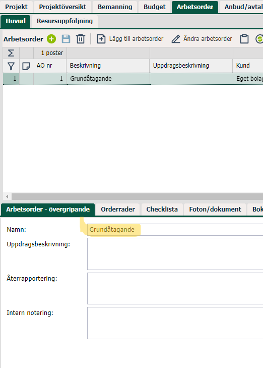 Arbetsorder — övergripande detaljvy med orderlista