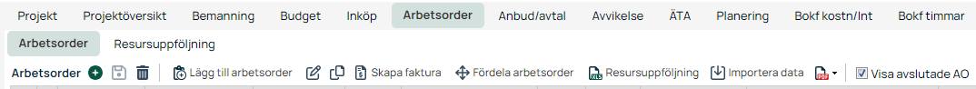 Arbetsorder-fliken med verktygsfält i affärssystem