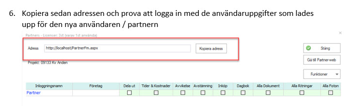 Partners-dialog med adressfält och Kopiera adress-knapp