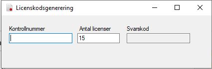 Dialog för licenskodsgenerering med kontrollnummer och svarskod