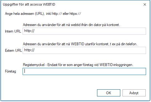 Dialog för att ange uppgifter för att accessa WEBTID
