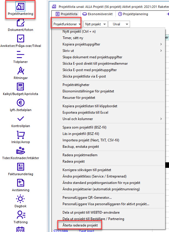 Projekthantering — Projektfunktioner meny öppen
