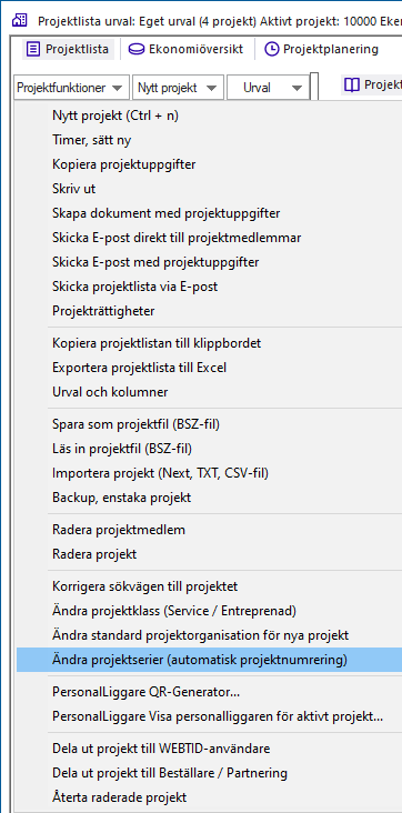 Projektfunktioner-meny med Ändra projektserier markerad