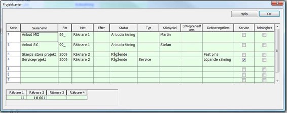 Projektserier — lista med projektserierader och inställningar