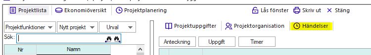 Projektplanering — fliken Händelser med knappar för Anteckning, Uppgift, Timer