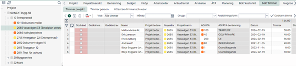 Buad timmar — projektvy med timlista per anställd