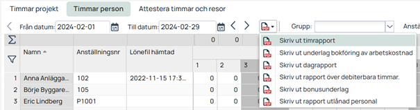 Timmar person — utskriftsmeny öppen med rapportalternativ
