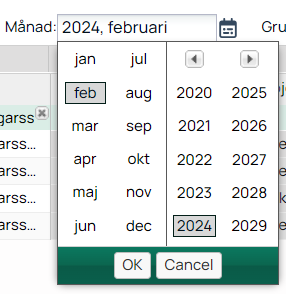 Månads- och årsväljare med februari 2024 markerat
