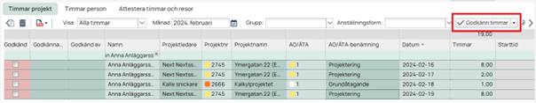Timmar projekt — attestera timmar och resor lista