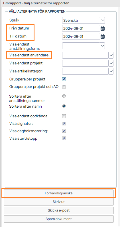 Timrapport — Välj alternativ för rapporten dialog