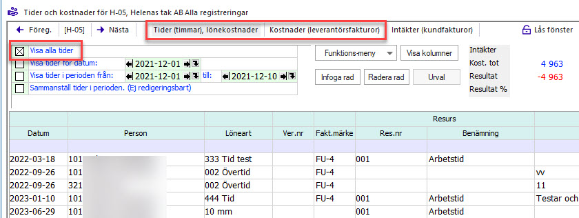 Tider och kostnader — projektregistreringar med flikar