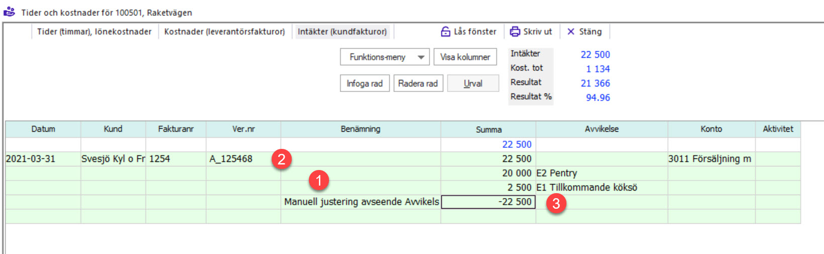 Tider och kostnader — fliken Intäkter med kundfakturor