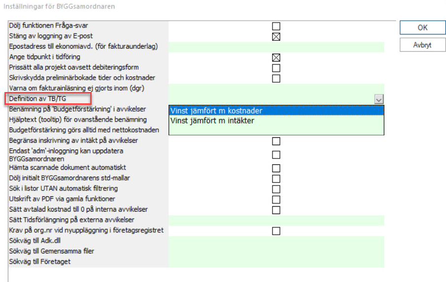 Inställningar för BYGGsamordnaren — Definition av TB/TG