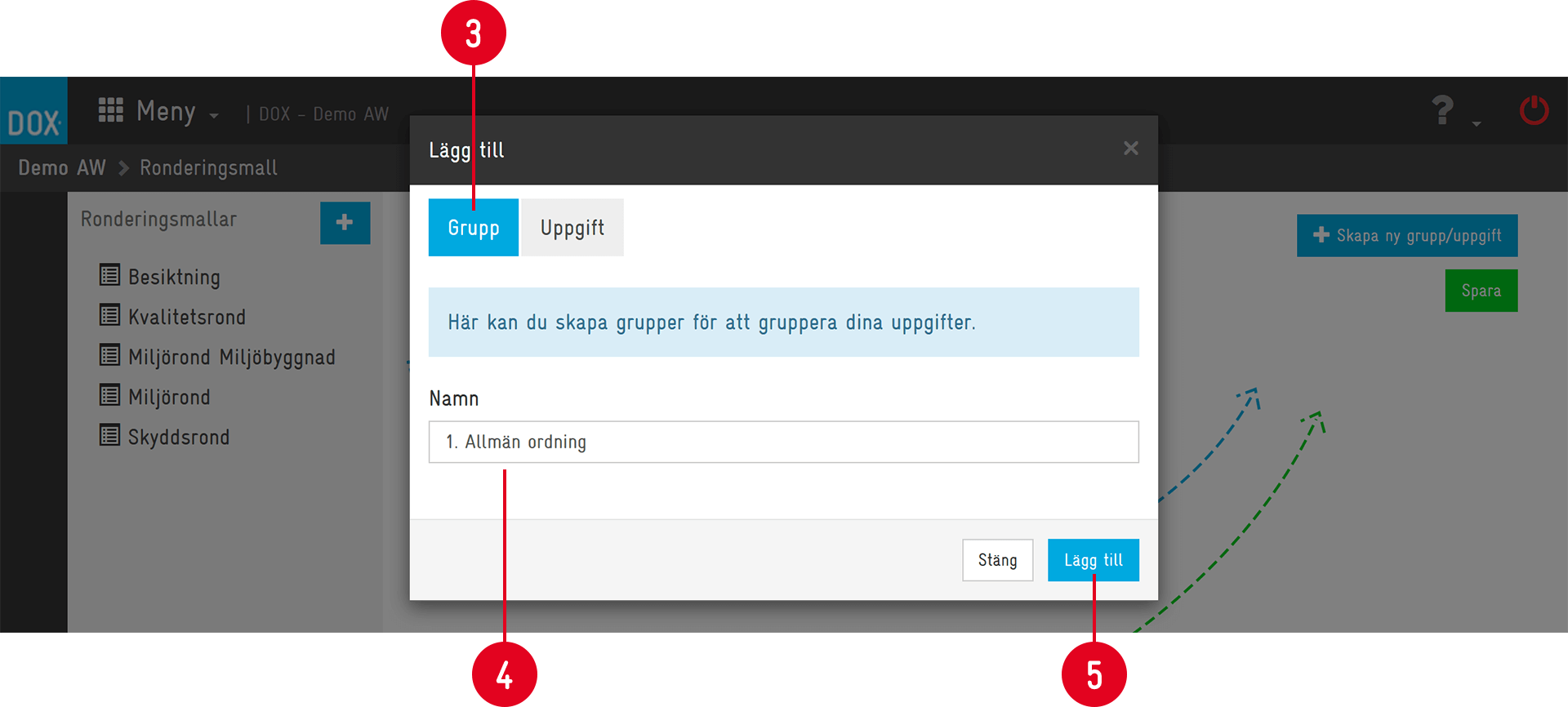 Dialog för att lägga till grupp i ronderingsmall