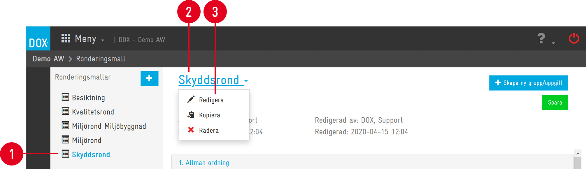 Ronderingsmall — kontextmeny med Redigera, Kopiera, Radera
