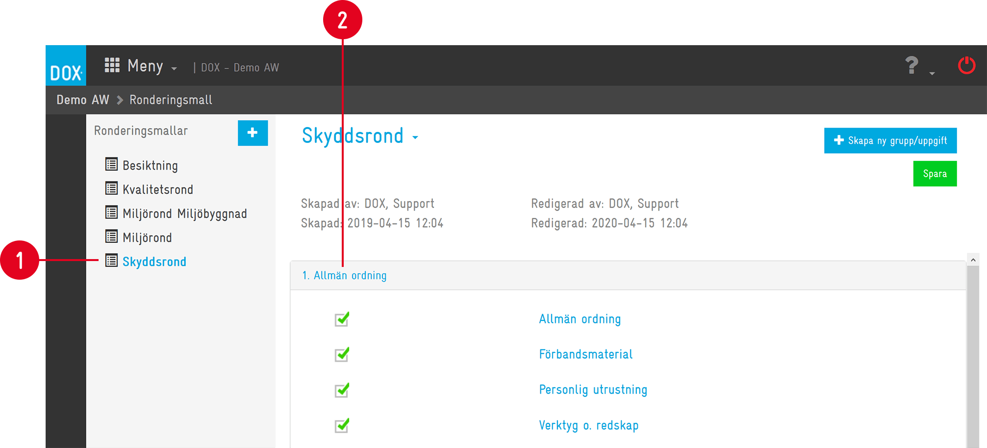 Ronderingsmall — Skyddsrond med uppgiftsgrupper visas