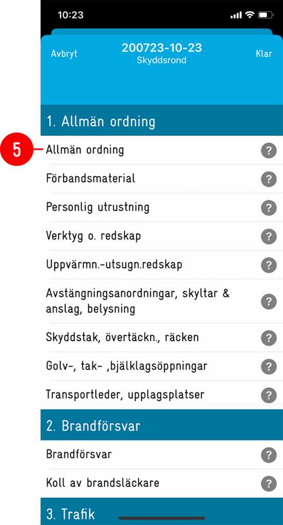 Skyddsrond mobilapp — checklista med kategorier