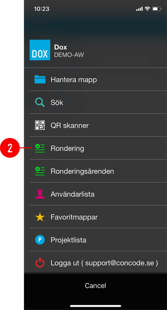 Dox mobilapp — huvudmeny med navigeringsalternativ