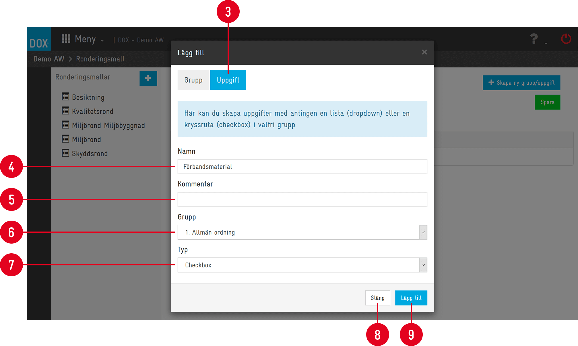 Dialog för att lägga till uppgift i ronderingsmall
