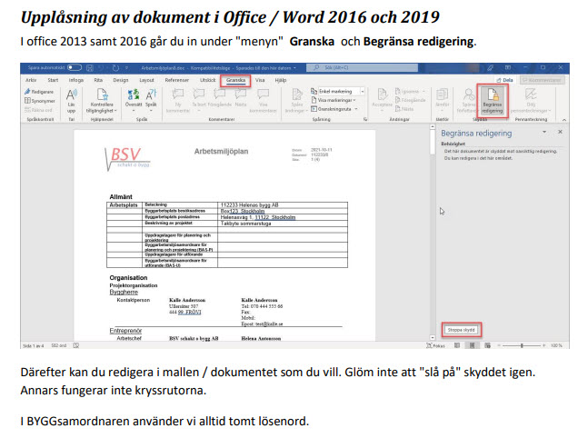 Instruktion för upplåsning av dokument i Word 2016/2019