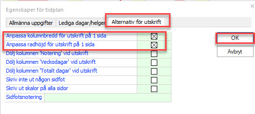 Egenskaper för tidplan — Alternativ för utskrift