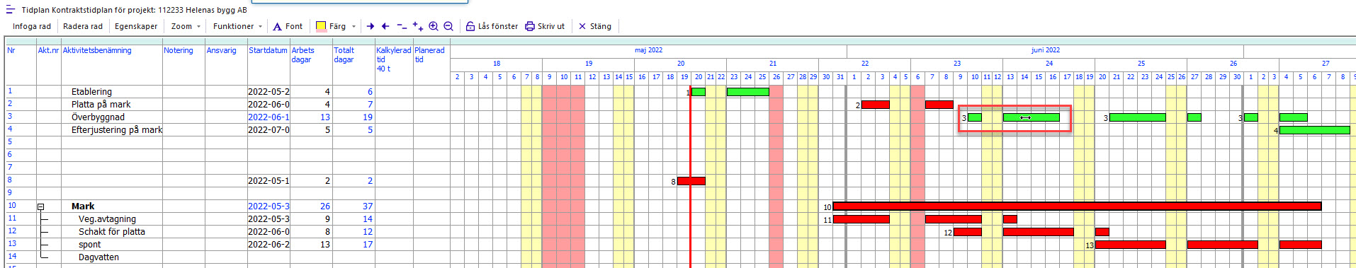 Kontraktstidplan med Gantt-schema för byggprojekt