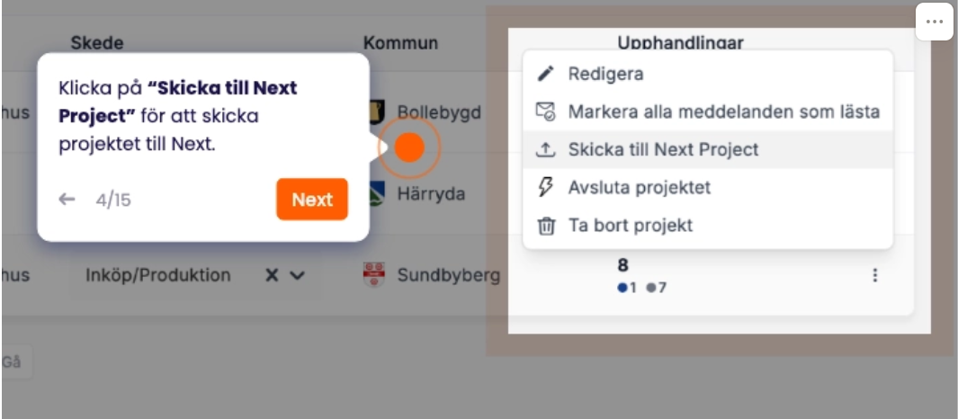 Guidetooltip — Skicka till Next Project via projektmeny