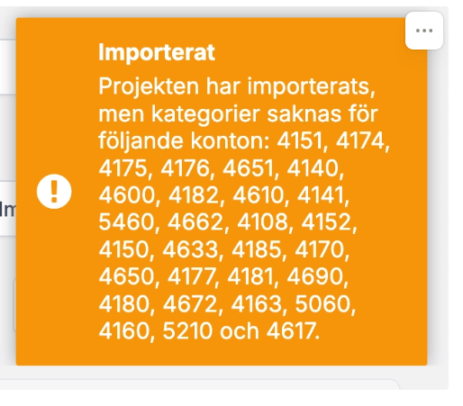Importvarning — kategorier saknas för flera konton