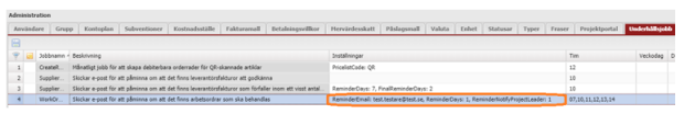 Administration — Underhållsjobb lista med inställningar