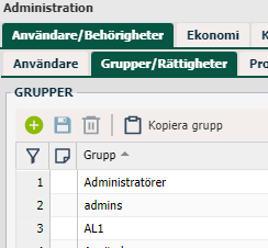 Administration — Grupper/Rättigheter flik med grupplista