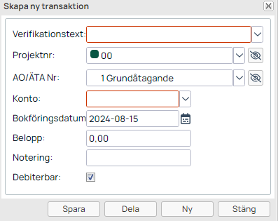 Dialog för att skapa ny transaktion i affärssystem