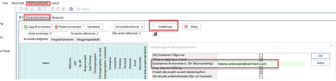 Användarhantering — Inställningar för BYGGsamordnaren dialog