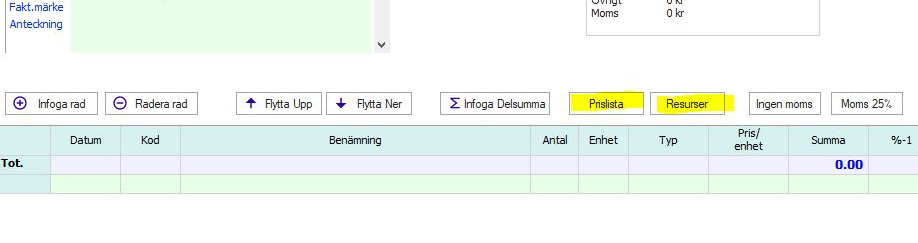 Orderrad-editor med verktygsfält och tom artikelrad