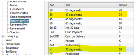Betalningsvillkor — lista med koder och beteckning
