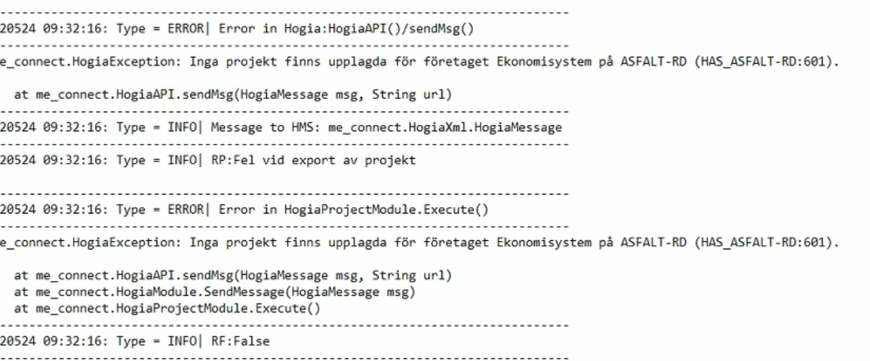 Systemlogg med felmeddelanden från Hogia API-integration