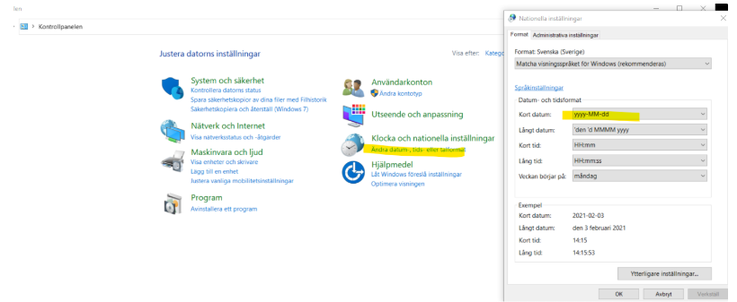 Windows kontrollpanel med nationella inställningar för datumformat