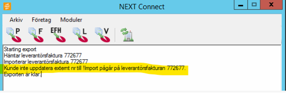 NEXT Connect — exportlogg med felmeddelande vid leverantörsfaktura
