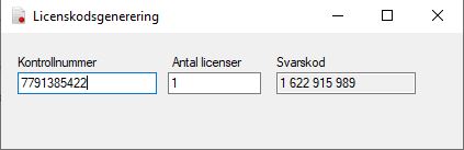 Licenskodsgenerering — dialog med kontrollnummer och svarskod