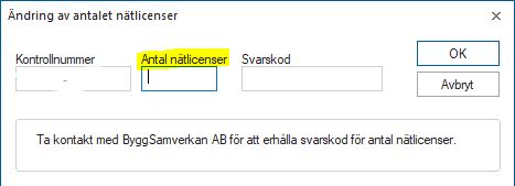 Dialog för ändring av antal nätlicenser med svarskod