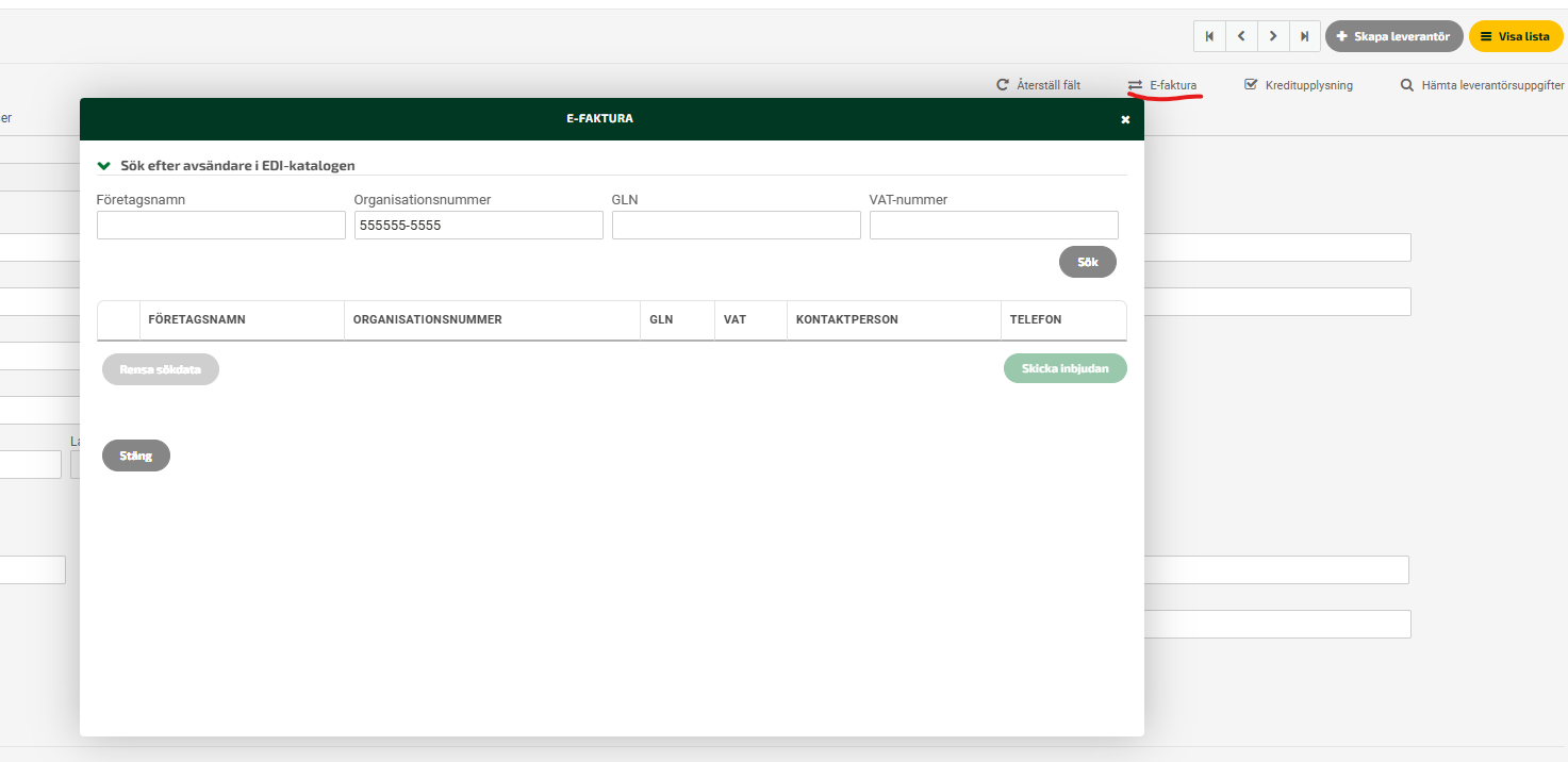 E-faktura dialog — sök avsändare i EDI-katalogen