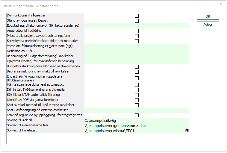 Inställningar för BYGGsamordnaren — systeminställningar dialog