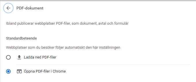 Webbläsarinställning för PDF-dokument — öppna eller ladda ned