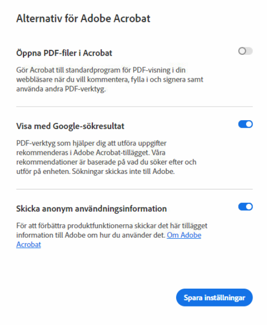 Inställningar för Adobe Acrobat webbläsartillägg