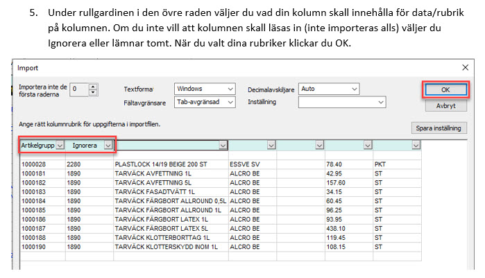 Importdialog med kolumnrubrik-mappning och datatabell
