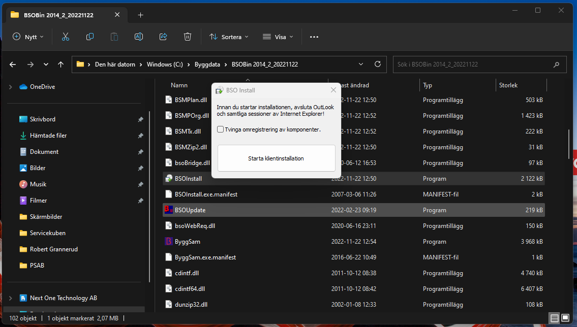 BSO Install dialog — Starta klientinstallation visas