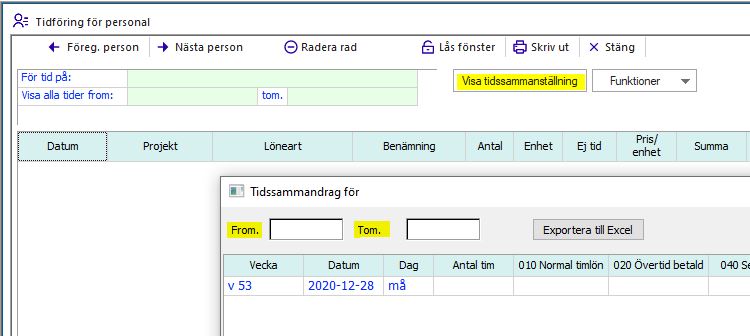 Tidföring för personal — Tidssammandrag dialog öppen