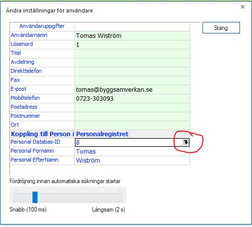 Ändra inställningar för användare — koppling till personalregistret