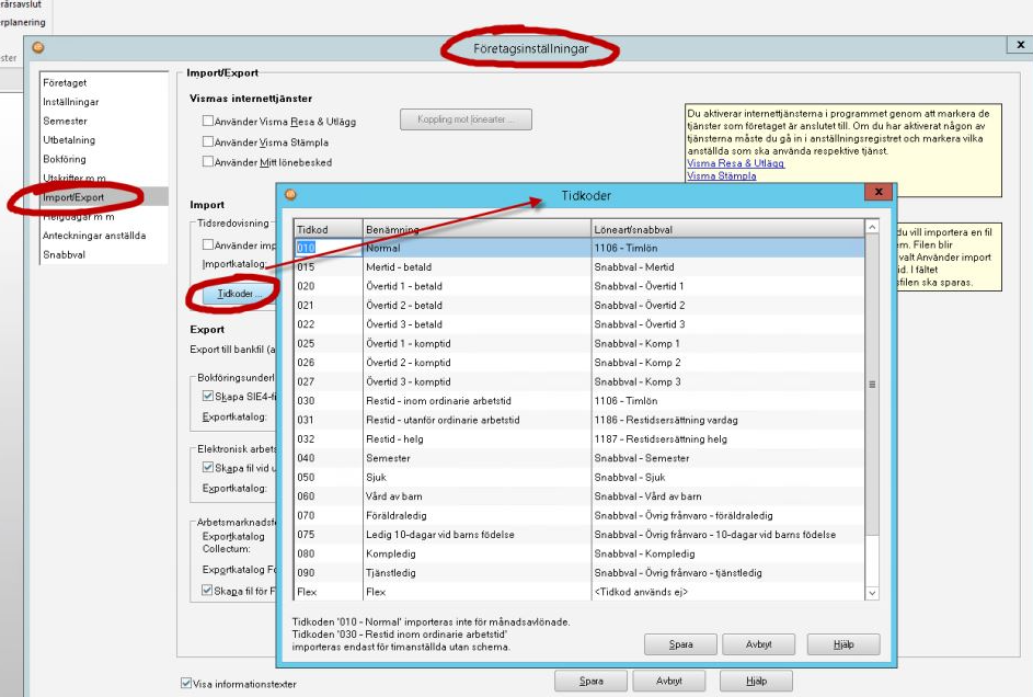Företagsinställningar — Import/Export tidkoder dialog